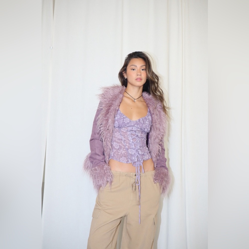 Lavender Faux-Fur Trim Suede Jacket